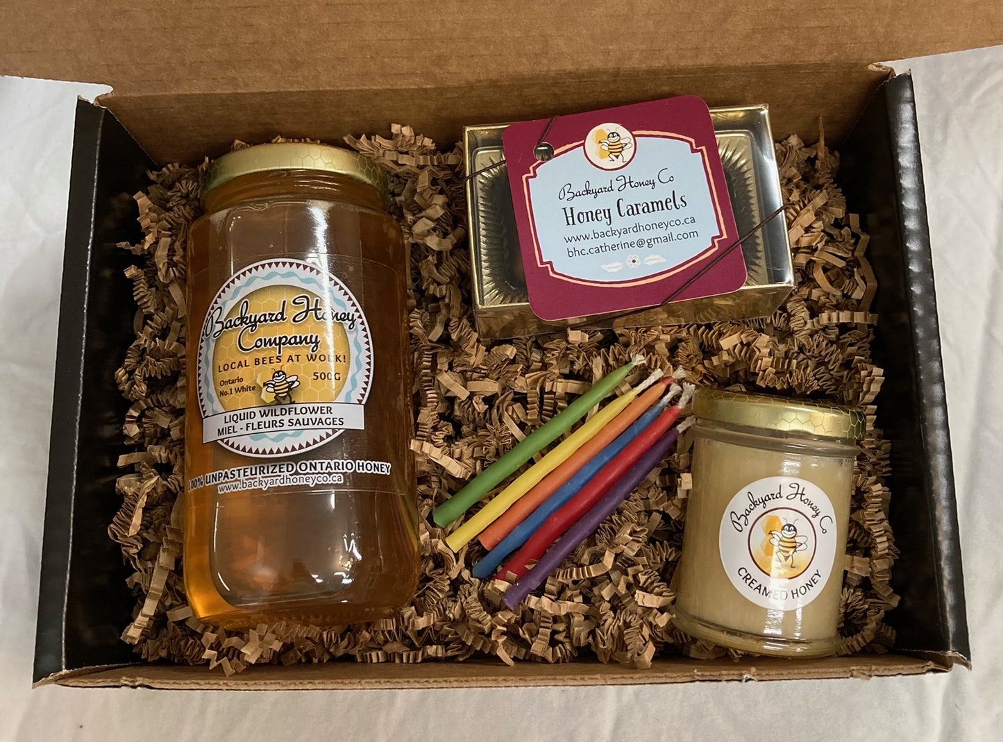 Birthday Gift Box with Birthday candles, Liquid Wildflower Honey 500G, box of Honey Caramels, Sampler of Creamed Honey