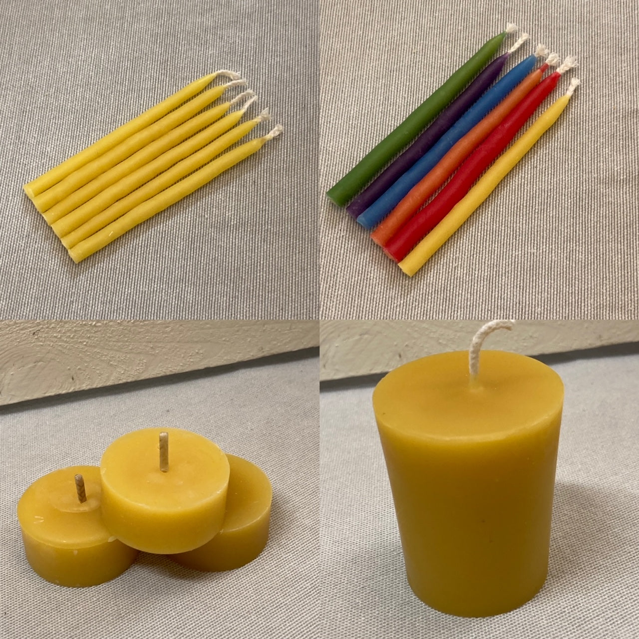 Upper Left: Yellow Birthday Candles, Right: Coloured Candles. Lower Left: Beeswax Tea lights, Right:Beeswax Votive