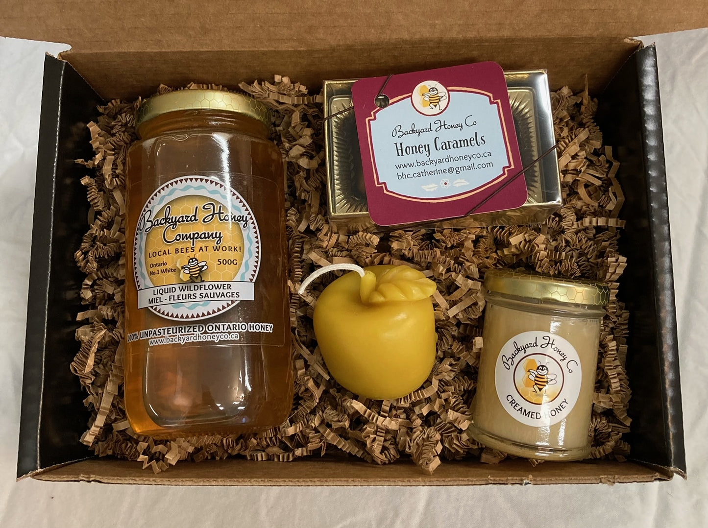 Teacher GIft Box with Apple candle, Liquid Wildflower Honey 500G, box of Honey Caramels, Sampler of Creamed Honey