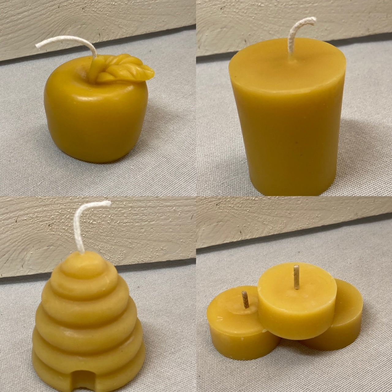 Beeswax candle options: Upper Left: Apple Right: Votive Lower Left: Hive Candle, RIght: Tea lights