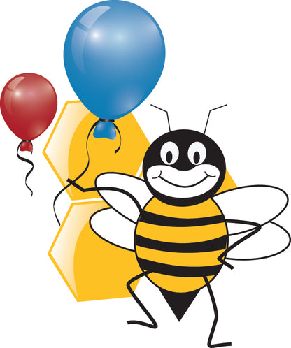 Bee Logo with Red and Blue Balloons